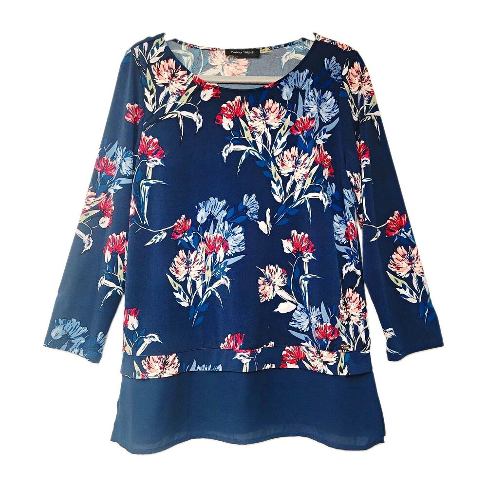 Ivanka Trump Tunic Blouse M Navy Blue Multicolor Floral 3/4 Sleeve Layered Hem